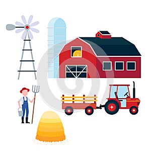 Red barn, harvesting tractor with semi-trailer and hay bale icon sign